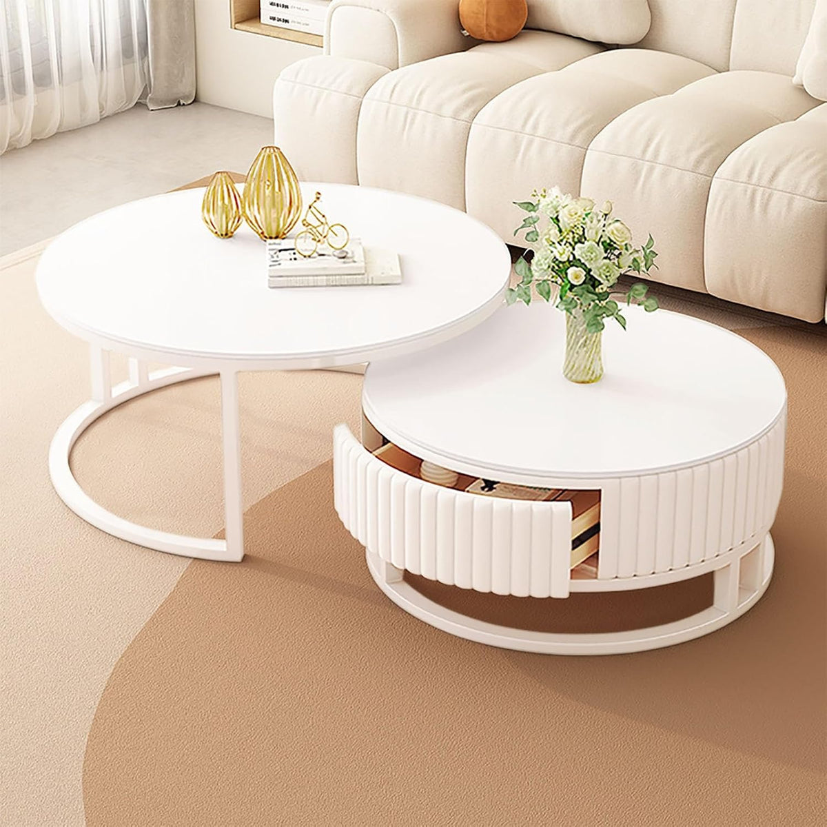 Marmor Couchtisch Rund Weiss Mit Stauraum Runder Couchtisch Weiß 2er Set 50+70cm Wohnzimmertisch Modern Mit Holz Schublade Satztische Fürs Wohnzimmer