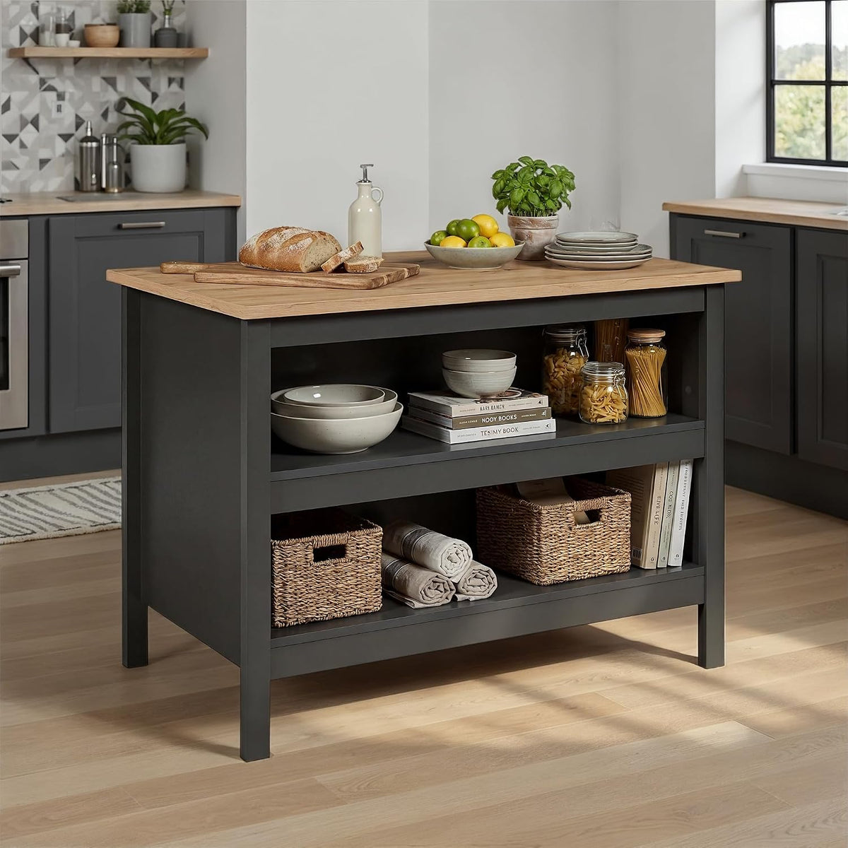 Inter Link, Länge 124cm, Höhe 82 cm, Tiefe 75 cm, Küchenschrank mit Regalen, Kücheninsel, Mittelinsel, Arbeitsplatte, Melaminbeschichtet, Nellina