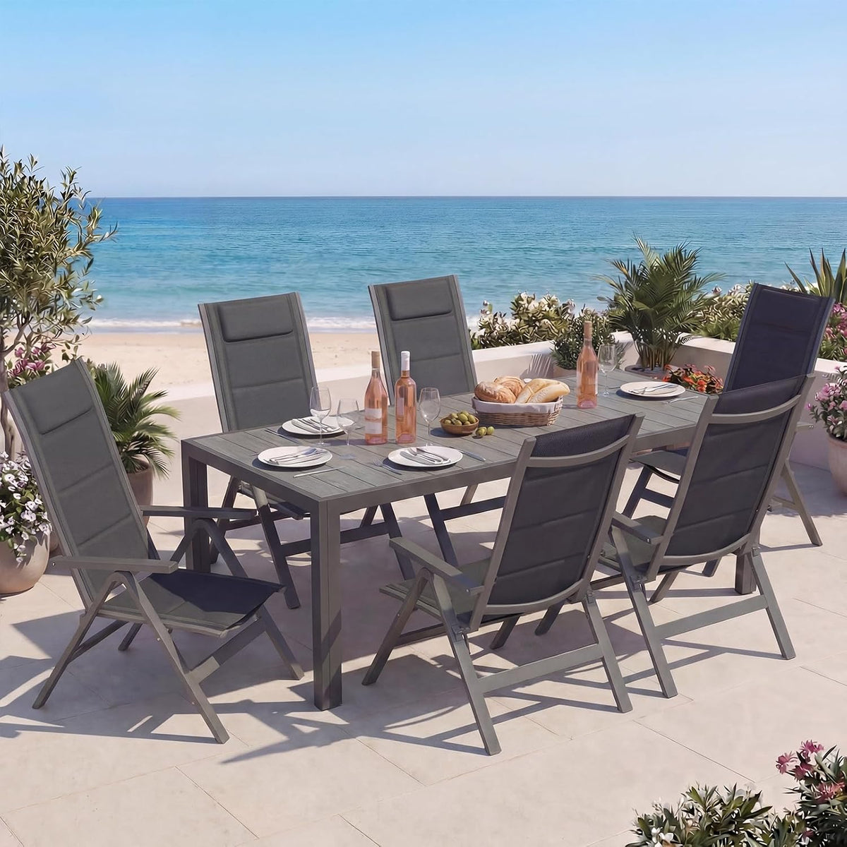 Devoko Gartenmöbel Set 6 stühle mit Tisch, Bestehend aus 1 Aluminiumtisch und 6 Klappstühlen für balkonmöbel. 1 x 189 cm Gartentisch mit Holzmaserung