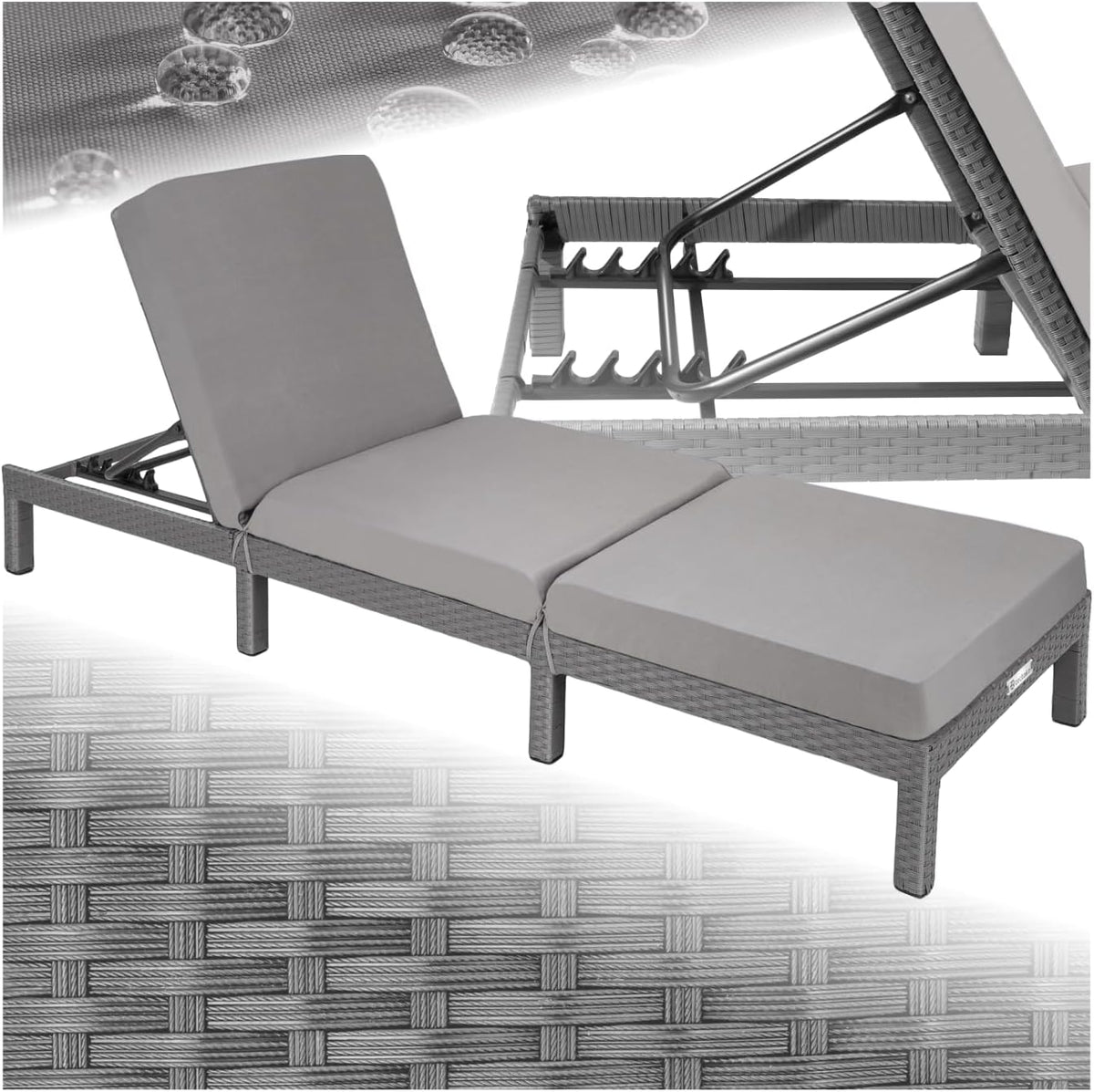 tectake Polyrattan Sonnenliege mit 6-Fach höhenverstellbarer Rückenlehne, Outdoor Daybed mit bequemer Polsterauflage, pflegeleicht und stabil, grau