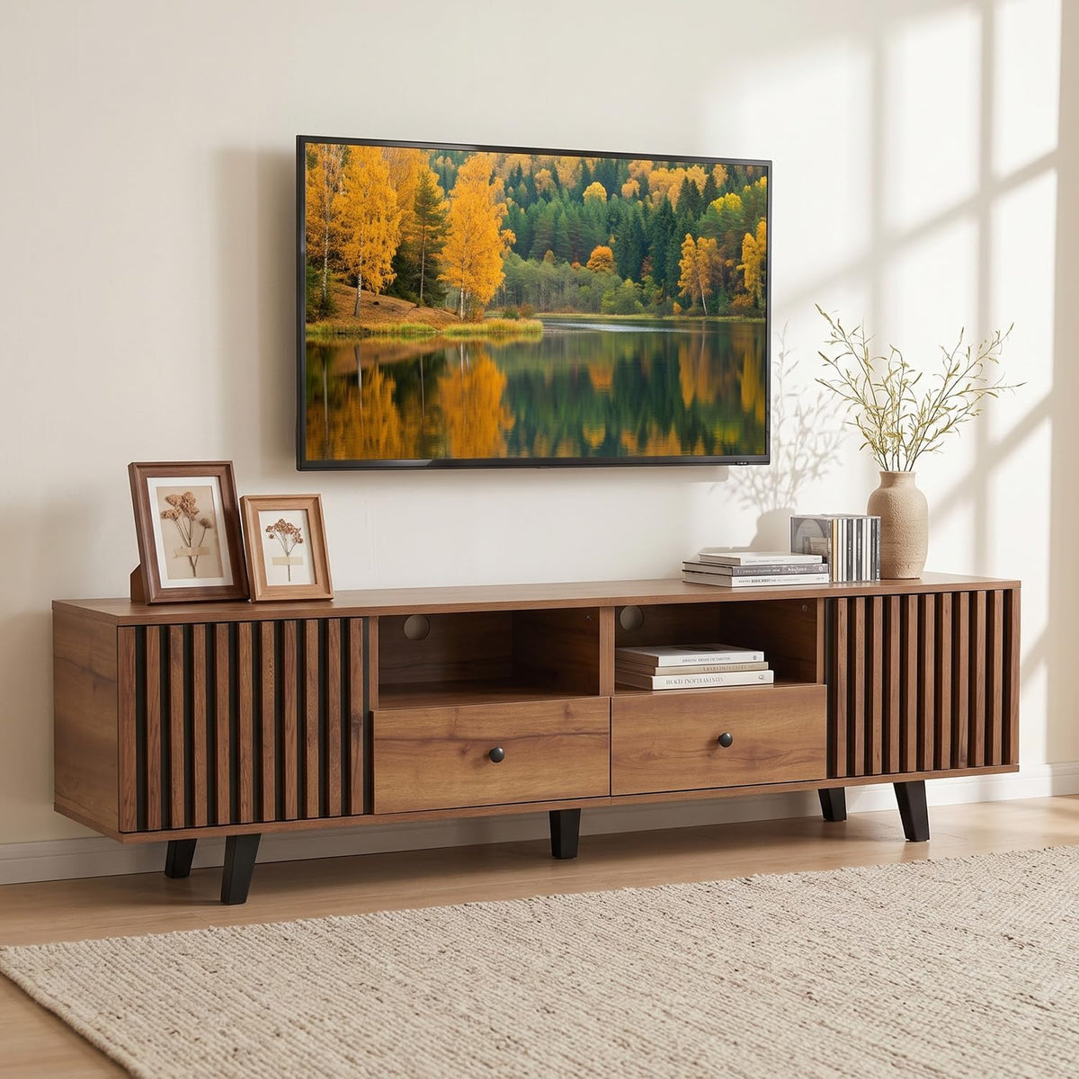 TV-Schrank, Lowboard für Fernsehtisch bis zu 80 Zoll, Vintagebraun-Schwarz