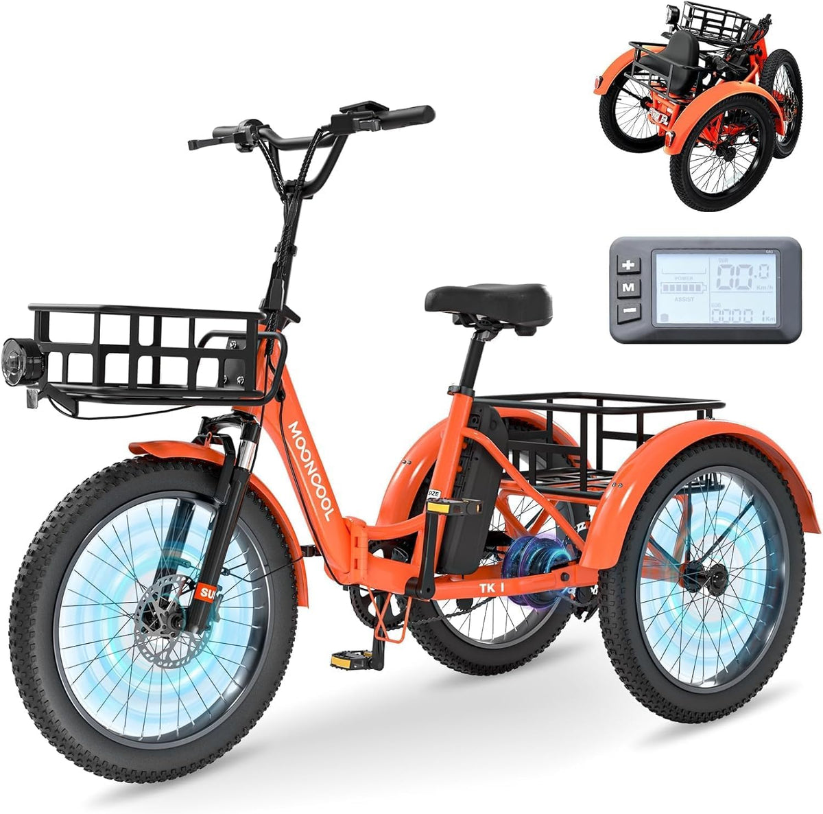 MOONCOOL E Bike Klapprad, 36V 20AH Akku, 250W Motor 45 Nm, IP65 Wasserdicht, 20' Elektrofahrräder für Herren Damen, mit Großen Körben & Fußstützen