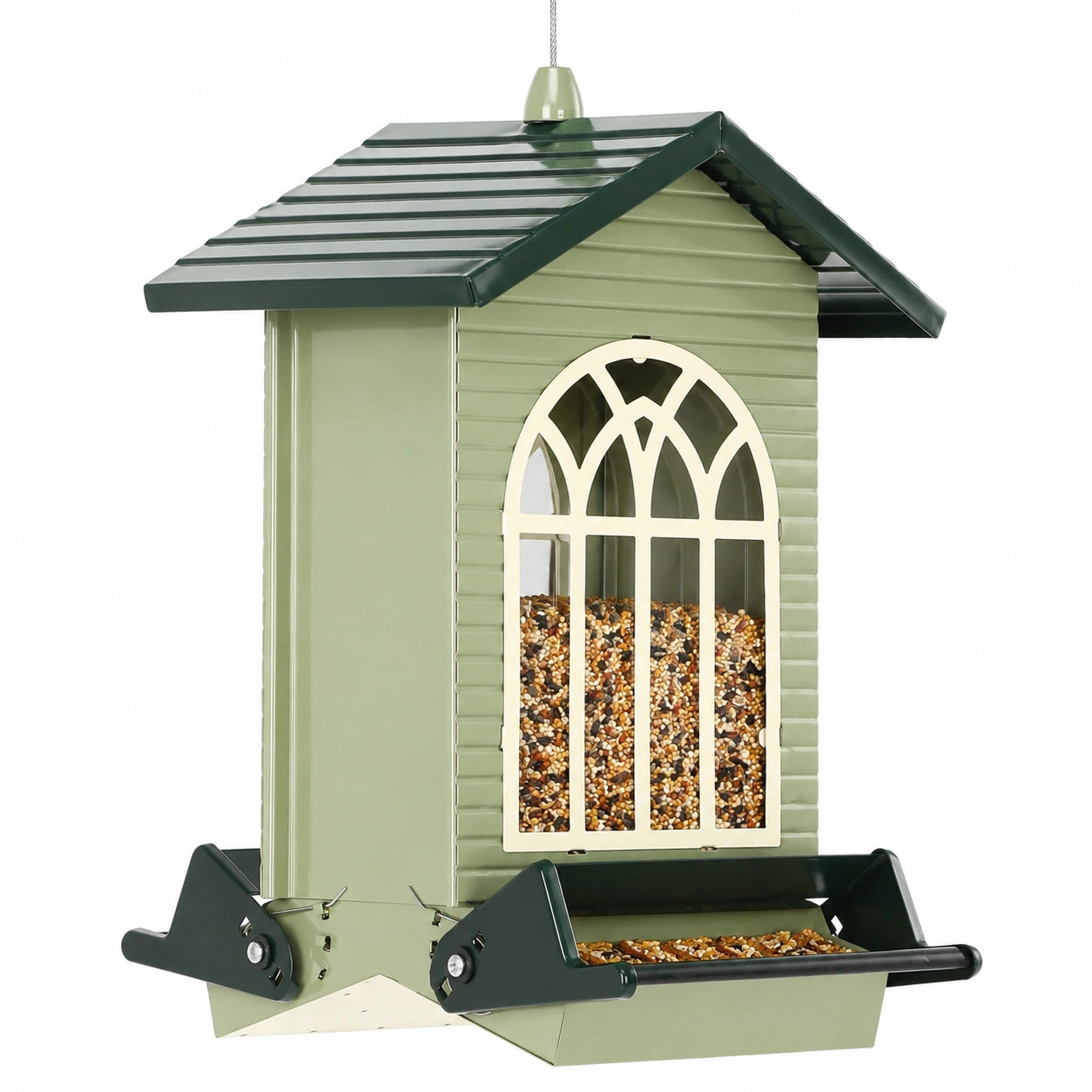 Vogelfutterhaus 25 x 23 x 35 cm aus Metall Grün zum Aufhängen mit Futterschale