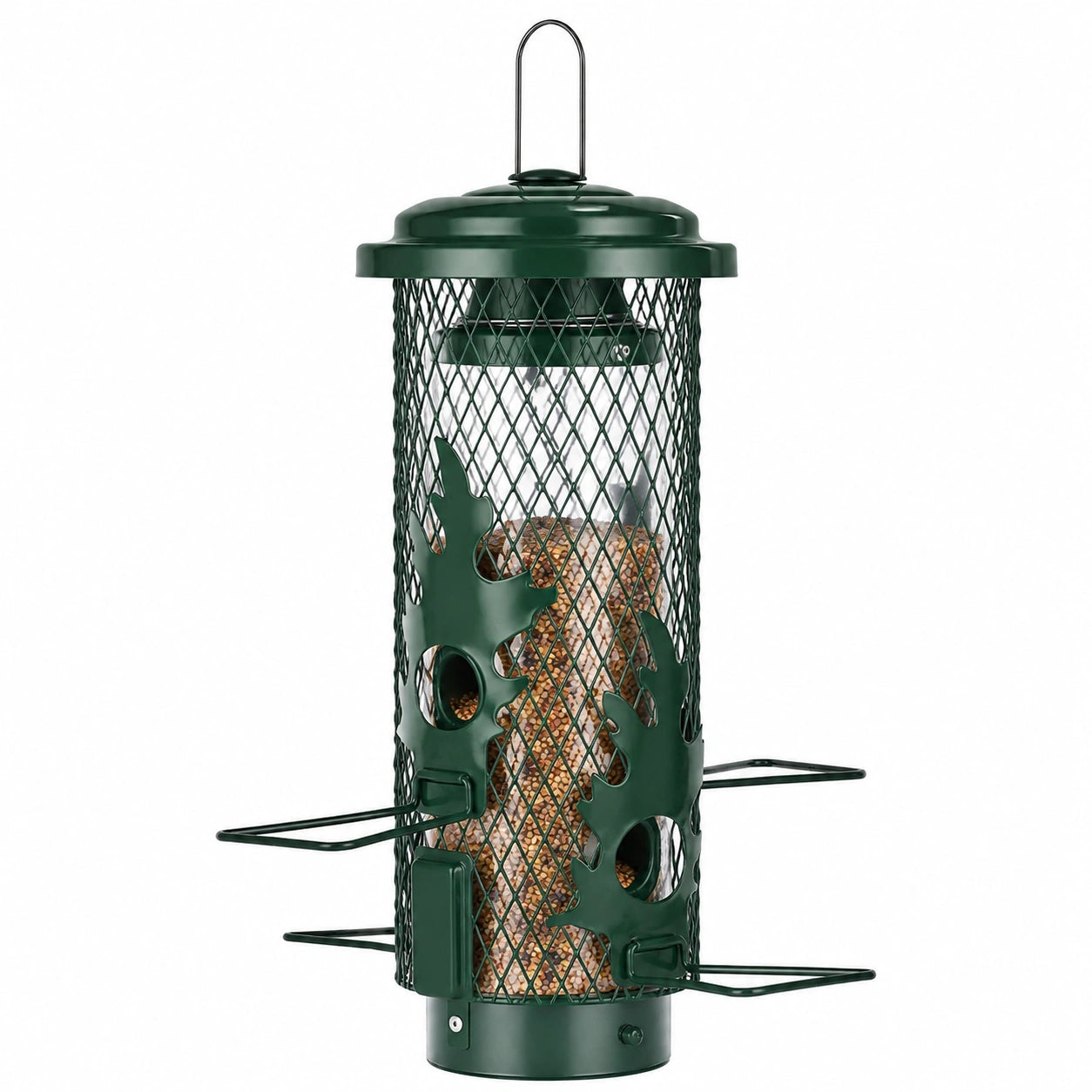 Vogelfutterspender 18 x 42 cm aus Metall dunkelgrün für Wildvögel mit Sitzstangen