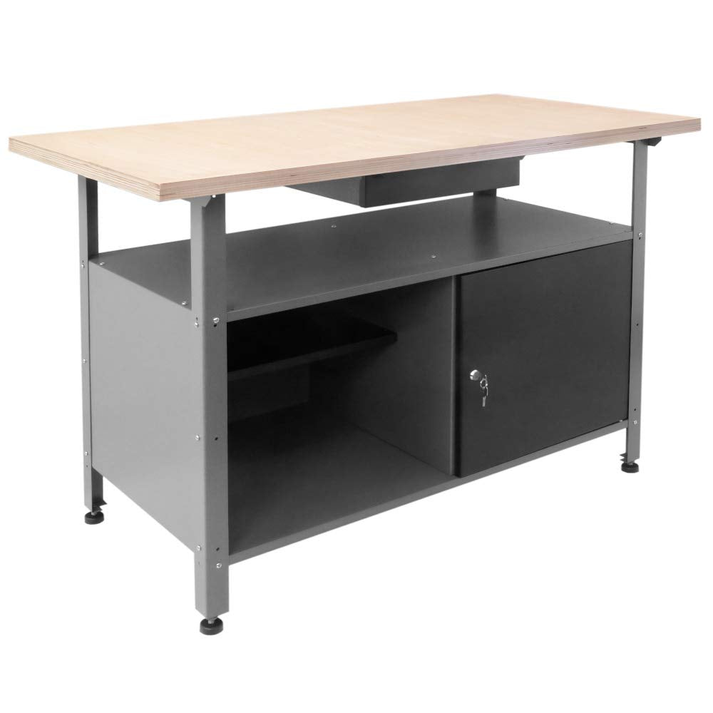 GERMANIA Werkbank mit Schublade & abschließbarer Tür, 120 x 60 x 85 cm, bis 400 kg belastbar, Werktisch mit Holz-Arbeitsplatte & offener Ablage