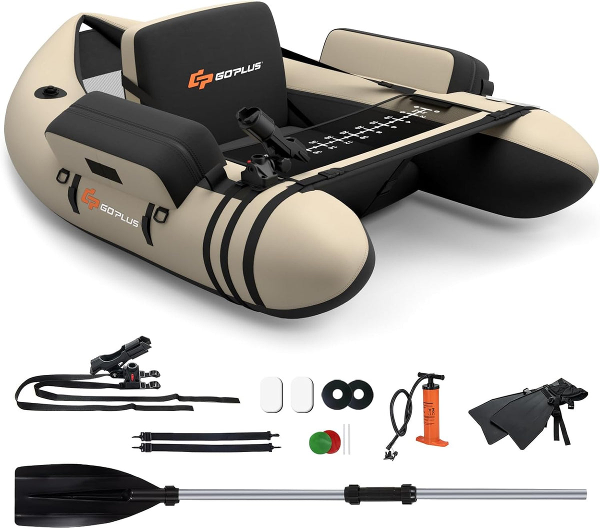 GOPLUS Bellyboot, Pumpe, Belly Boat bis 150 kg belastbar, 135 x 109 x 54 cm, aufblasbares Schlauchboot zum Angeln mit Alu Paddel, Flossen, Fischlineal