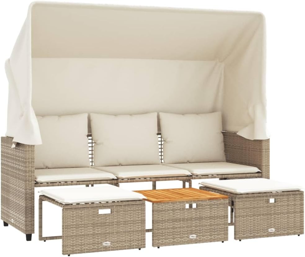 vidaXL Outdoor-Sofa 3-Sitzer mit Dach und Hockern Beige Poly Rattan