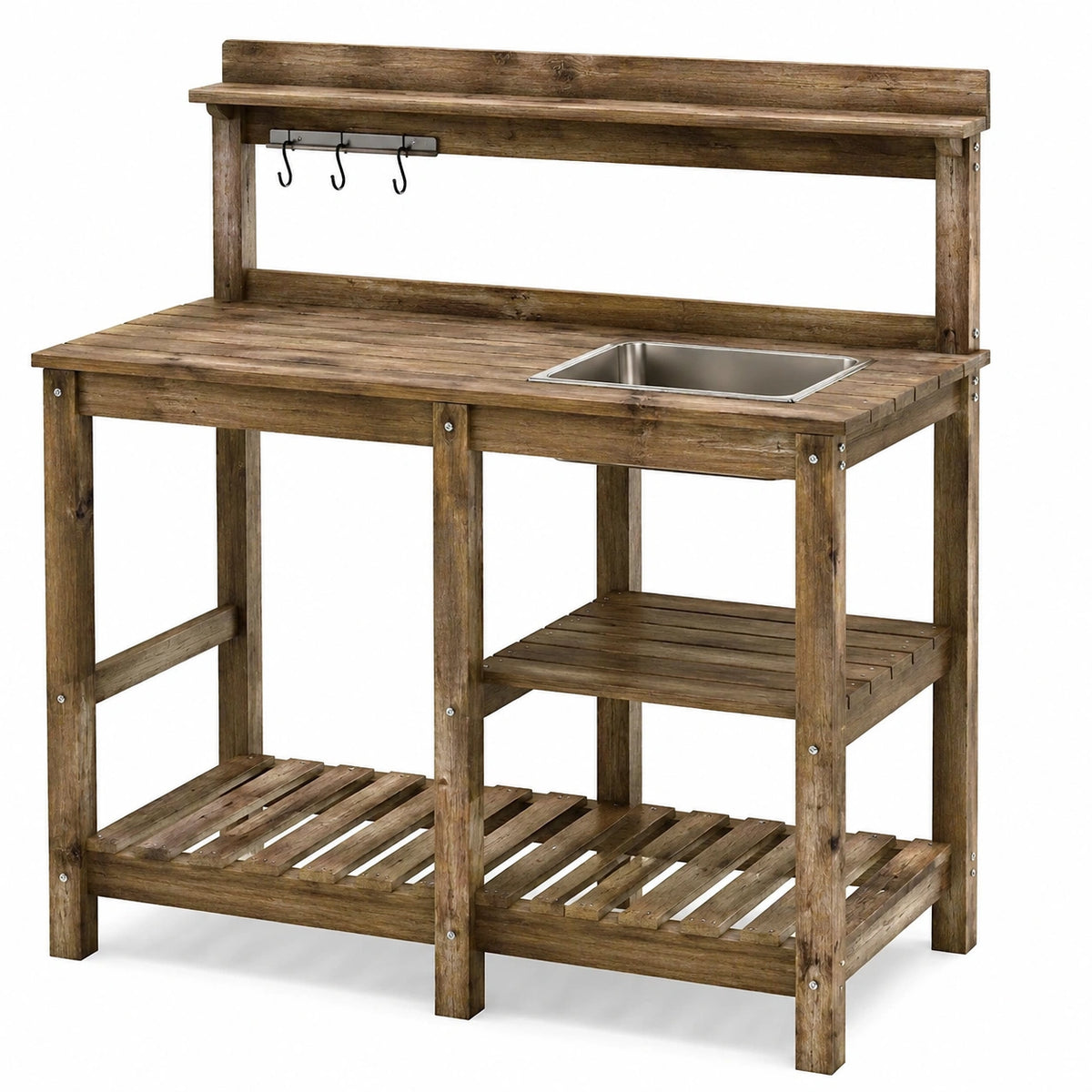 Gartenarbeitstisch 117 x 45 x 160 cm aus Holz braun mit Edelstahlspüle und Ablagen