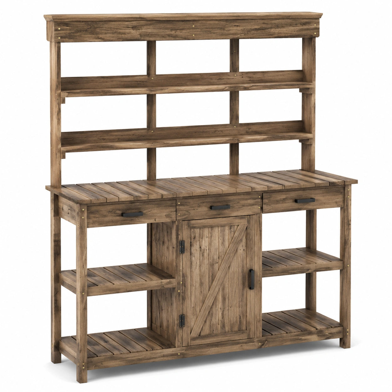 Gartenarbeitstisch 120 cm Braun Holz mit Ablagen Schubladen und Schrank