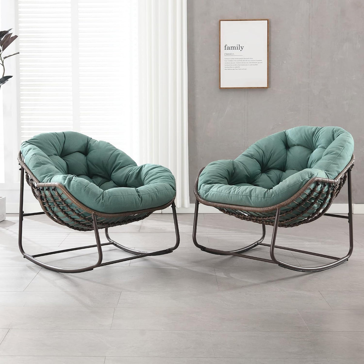 Outdoor Patio Schaukelstuhl-Set aus 2, Überdimensionierter Papasan-Chair für Innen mit Gepolstertem Kissen, Ei-Schaukelstuhl für Wohnzimmer, Veranda