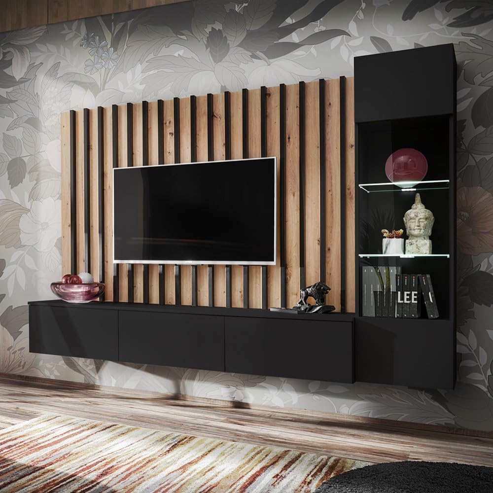 Lomadox Wohnwand Anbauwand Schrankwand 220cm, Vitrine, schwarz mit Eiche, Wandpaneel mit Lamellen, Lowboard, LED Beleuchtung