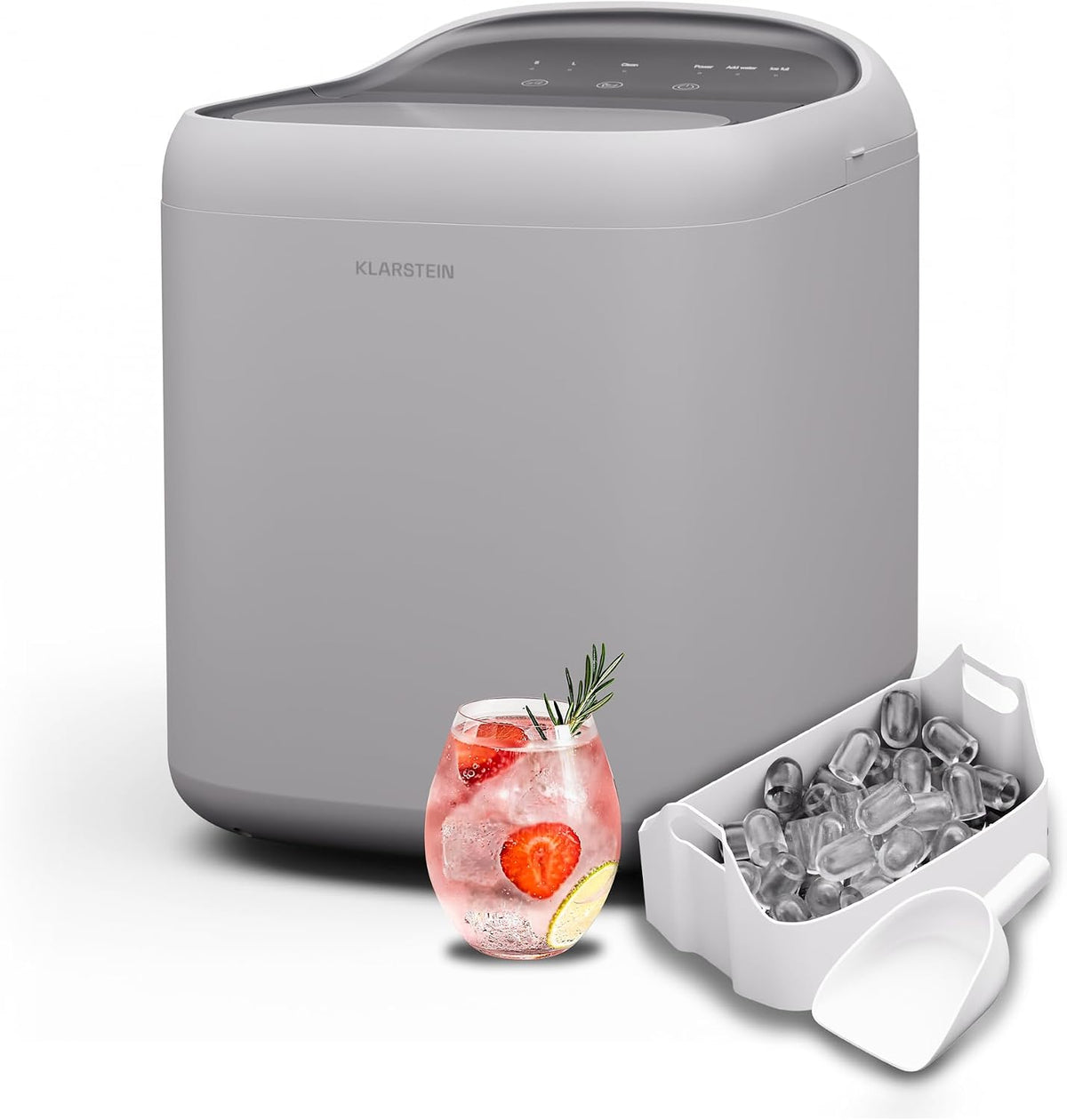 Klarstein SparkIce Eiswürfelmaschine, 15 kg/Tag, Eiswürfelbereiter für Getränke & Smoothies, Eiswürfel in 6 Min., Touchpad, 2 Eiswürfelgrößen, Weiß