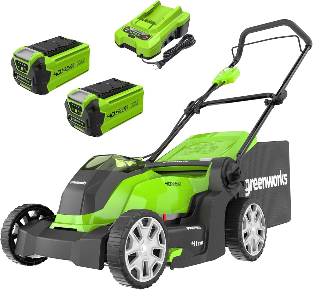 Greenworks 40V Kabelloser Akku Rasenmäher für Flächen bis zu 500 m², 50-Liter-Sack PLUS zwei 40 V 2Ah-Akkus mit Ladegerät, 3 Jahre Garantie-G40LM41K2X
