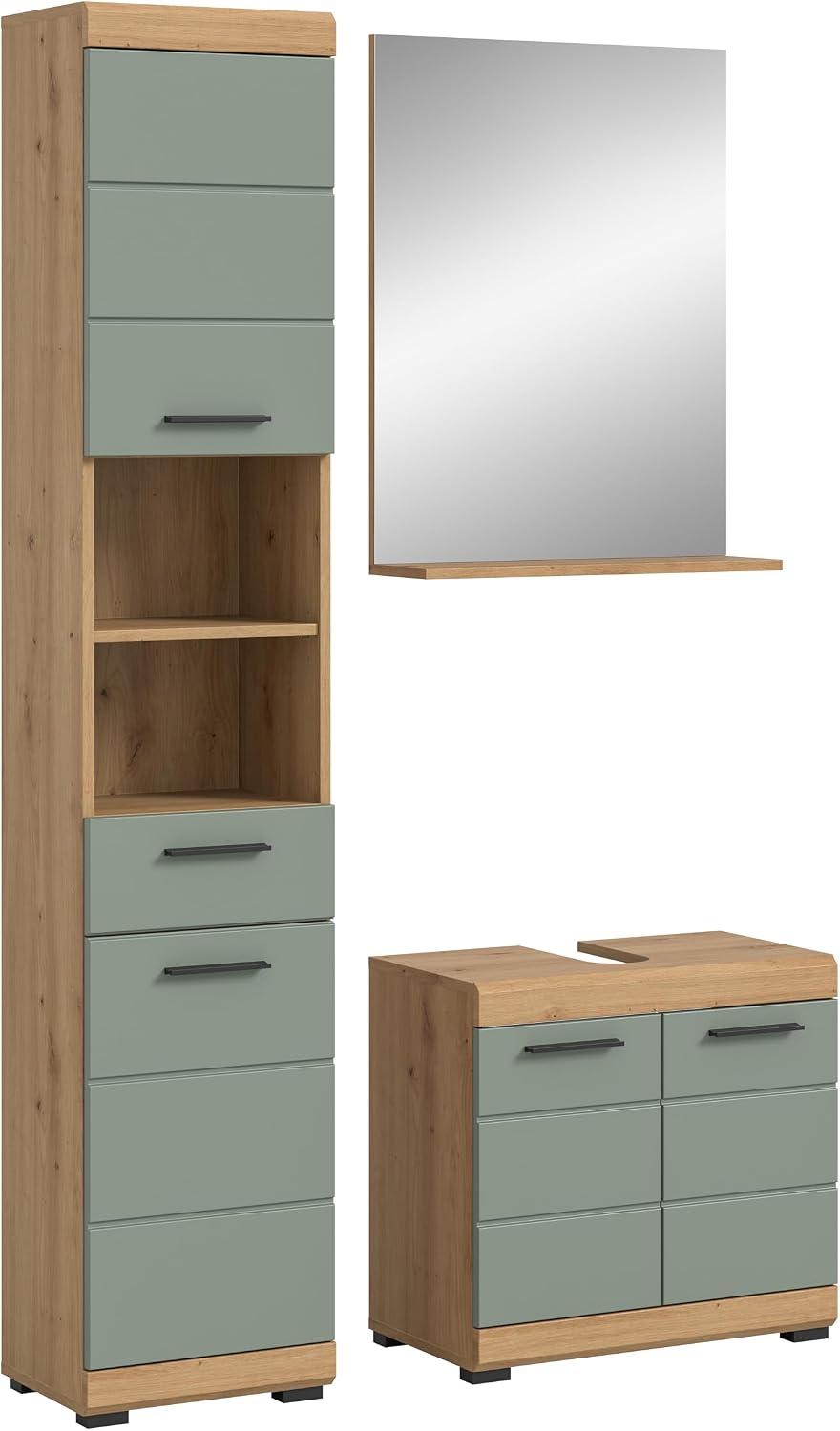Badmöbel-Set Scott, Badezimmer-Set 3-teilig, Spiegel, Hochschrank, Waschbeckenunterschrank, Badschränke, Salbei/Artisan Eiche
