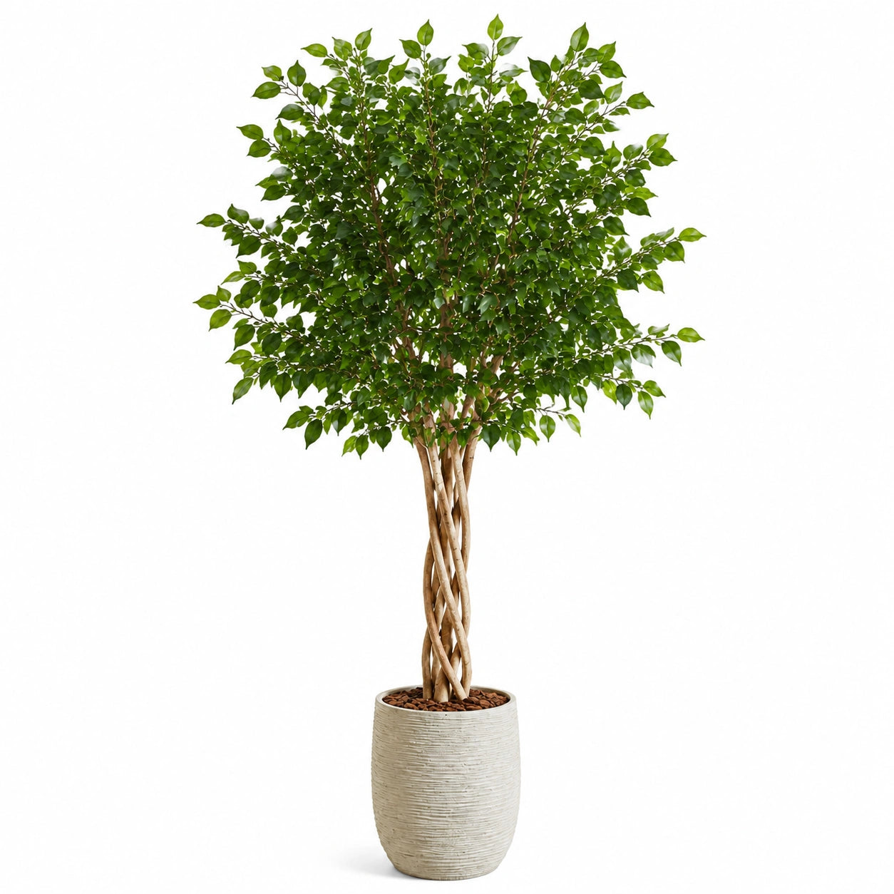 Kunstbaum 180 cm mit geflochtenem Naturholzstamm grüne Blätter im Topf für Innenräume