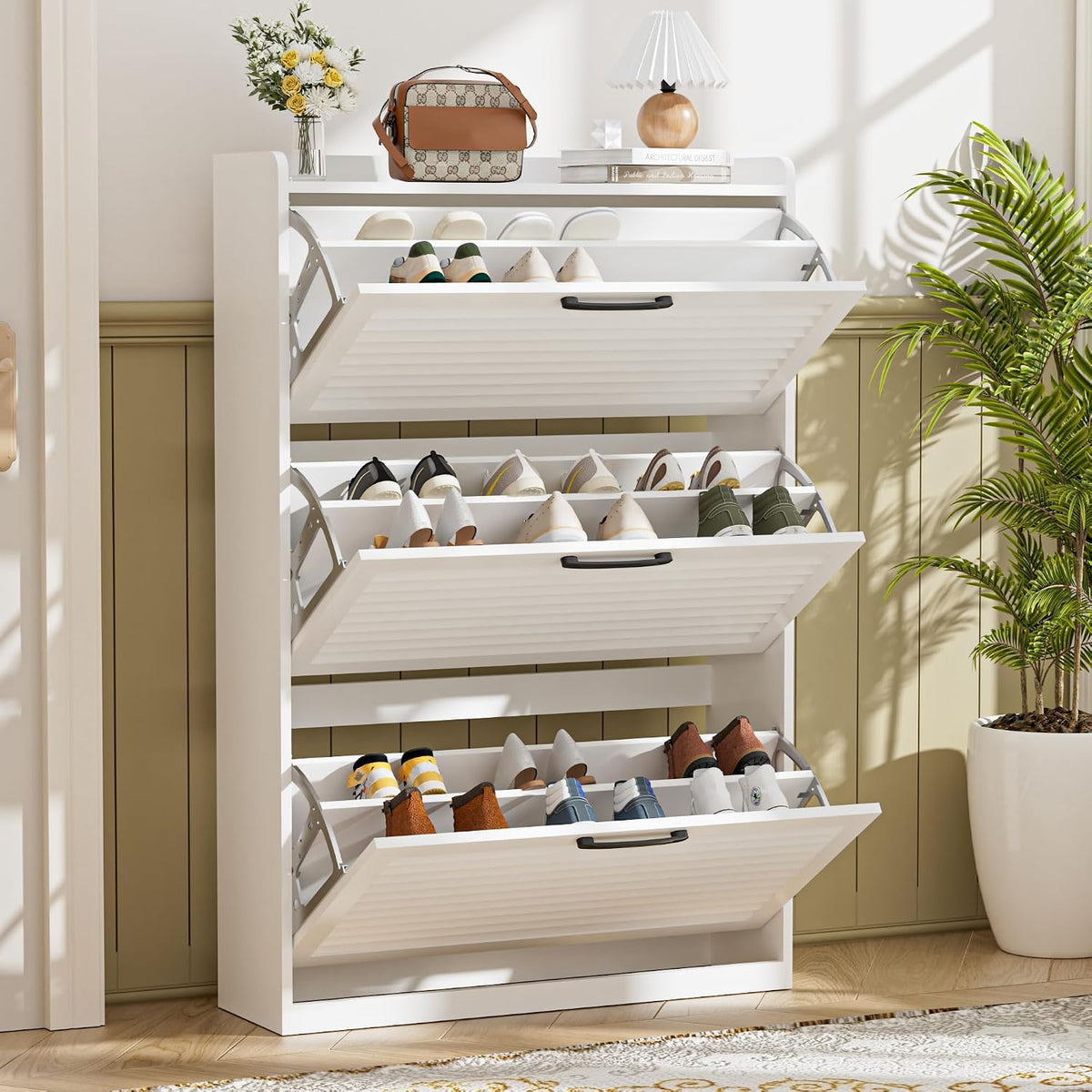 Schuhschrank Schmal, Schuhkipper mit Lamellentür, Schuhregal mit 3 Klappen