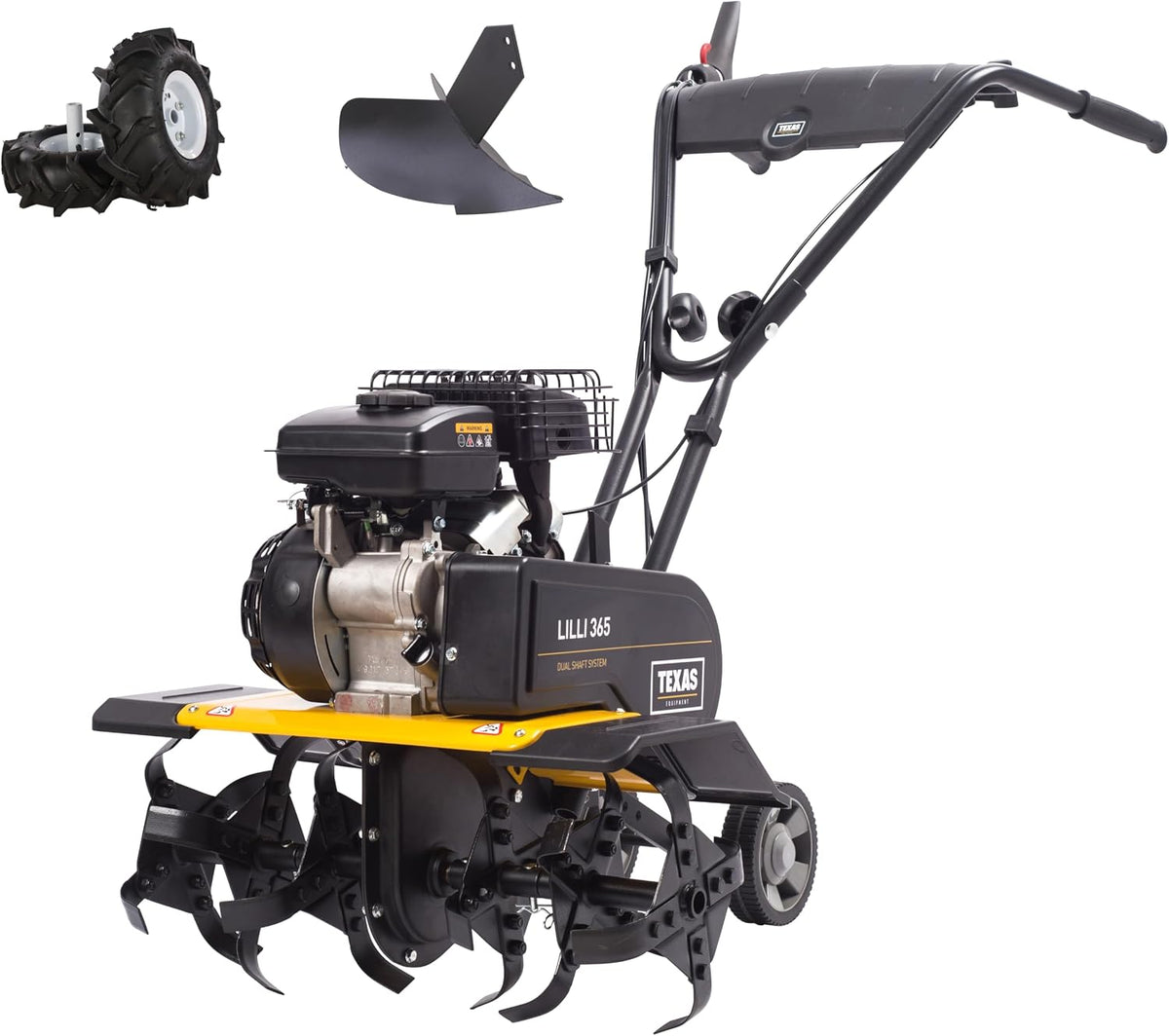 TEXAS Gartenfräse Motorhacke Bodenhacke Bodenfräse Benzin mit Antrieb Lilli 365TG Set mit Pflug und Rädersatz, 40-60 cm Arbeitsbreite |1400 Watt