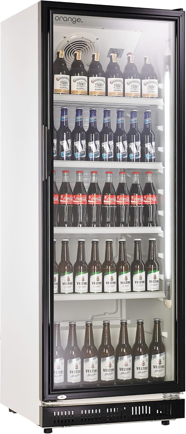 orange . 360L Getränkekühlschrank (Flaschenkühlschrank) mit Glastür. Abschließbar. weiß/schwarz. Freistehender Getränkekühlschrank.