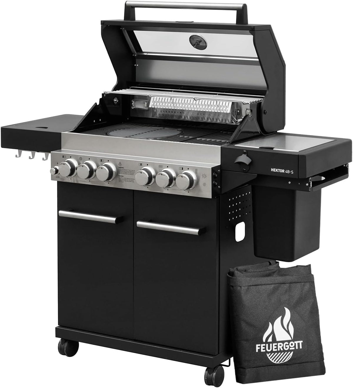 Gasgrill Hektor 4B-S Edelstahl Gasgrillstation 4 Brenner, Seitenkocher und Kochplatte Inkl. Abdeckhaube für Garten, Infrarot Sear-Brenner, Heckbrenner