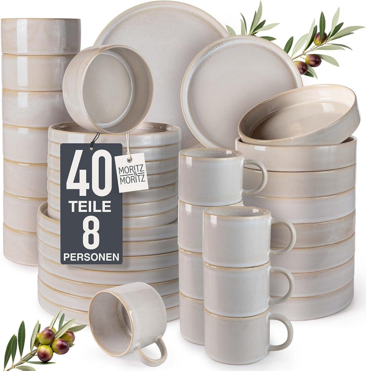 Moritz & Moritz Steingut Geschirrset 8 Personen Beige, Teller Set aus Steingut 40-teilig, Geschirr Set aus je Dinnerteller, Dessertteller