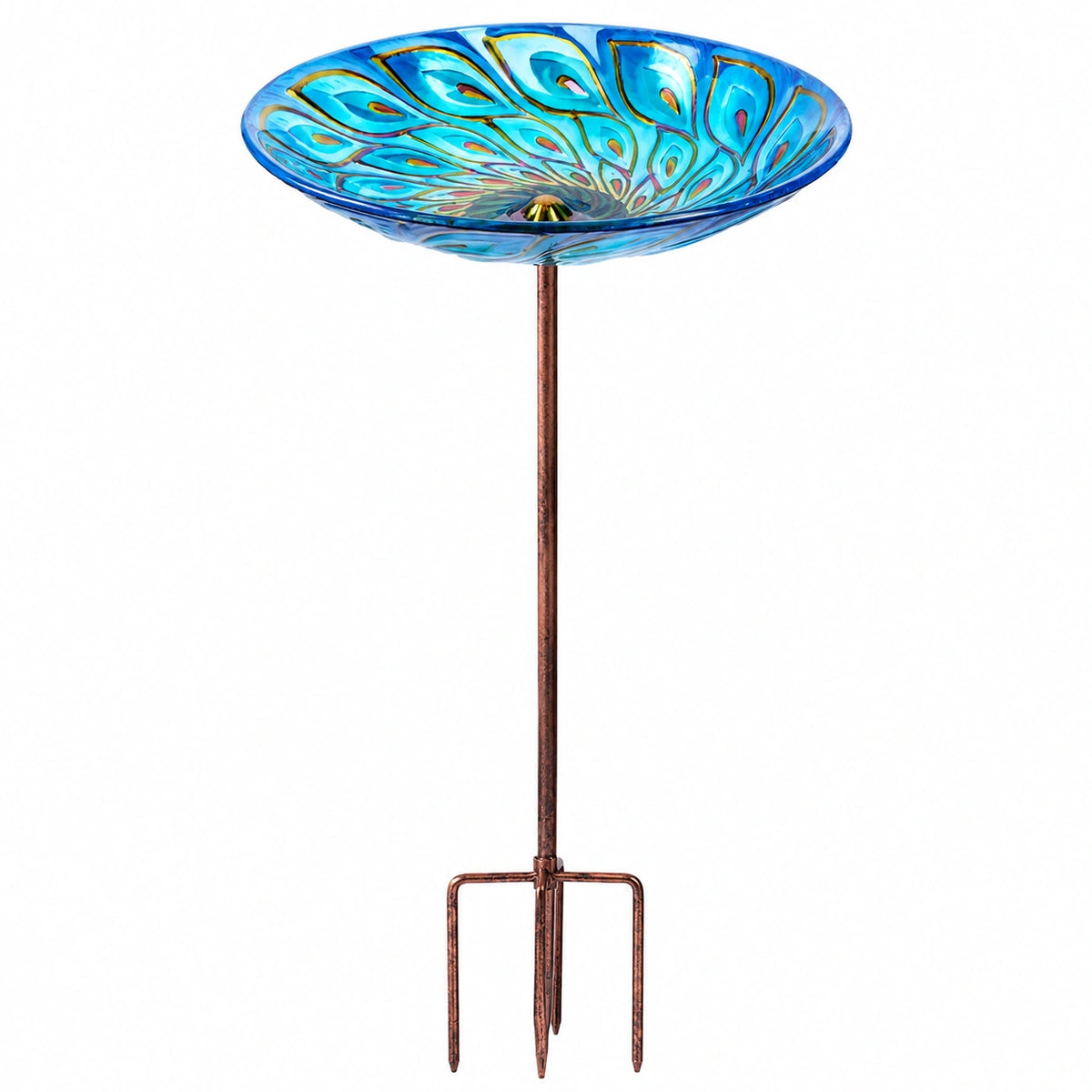 Vogelbad 30 cm Glas Blau mit Metallstab für Garten