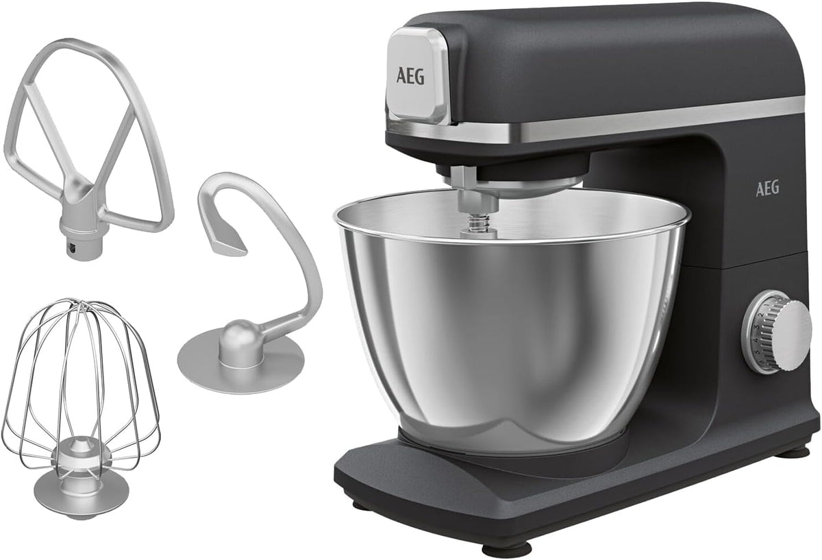 AEG KM5-1-4BPT Küchenmaschine/+ Zubehör/1200 W/6 Geschwindigkeitsstufen/Pulse-Funktion/planetarisches Rührwerk/6,1 kg/Voll-Metall Gehäuse/5 l