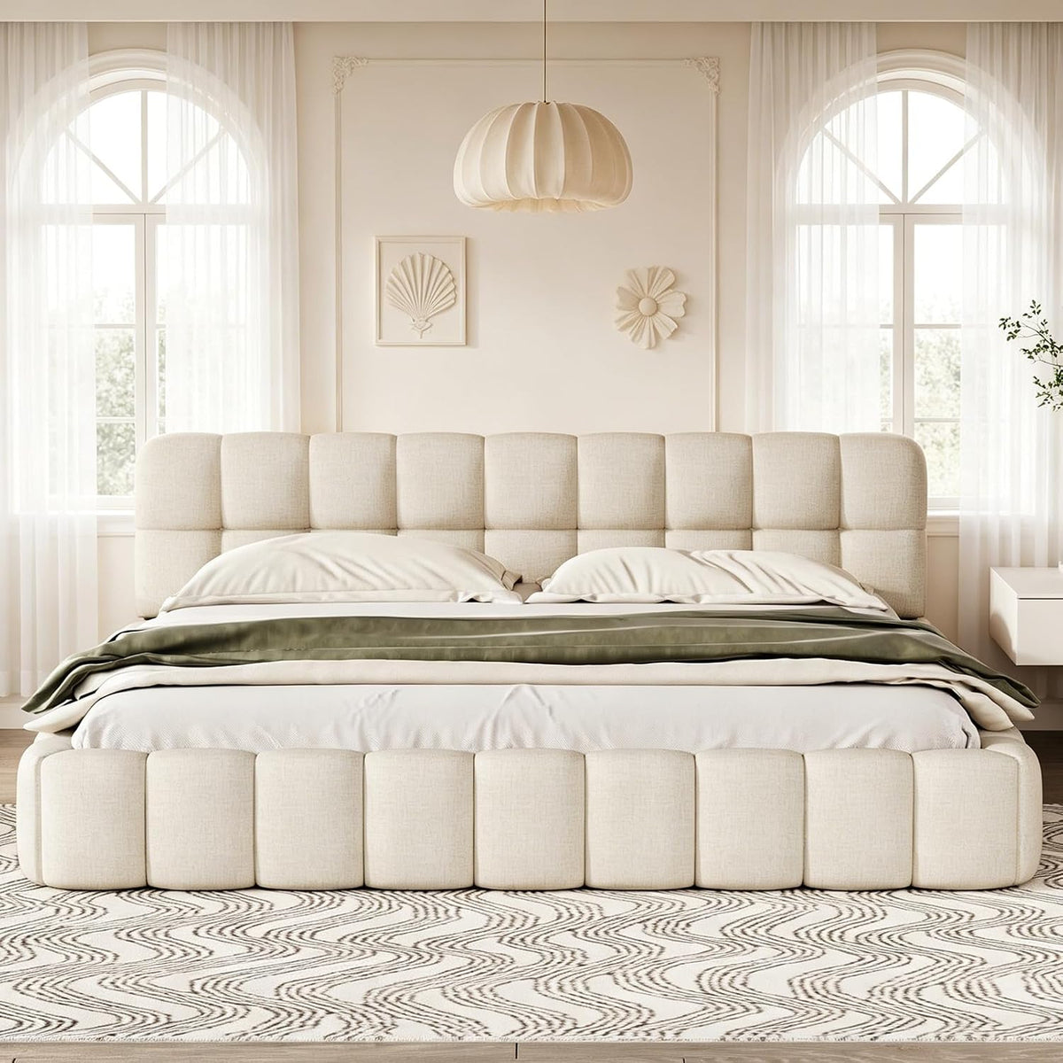 Polsterbett 160x200 cm Bubble Bett, ohne Matratze (Beige, 160 x 200 cm), Doppelbett Bettgestell mit Lattenrost, Leinen