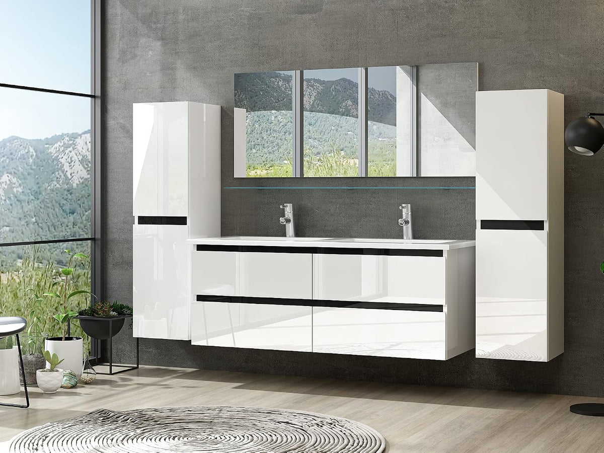 Badmöbel Set Hochglanz mit Schubladen Glas ablage (Dennis Weiss, 120 cm Doppelbecken 2X Hochschrank)
