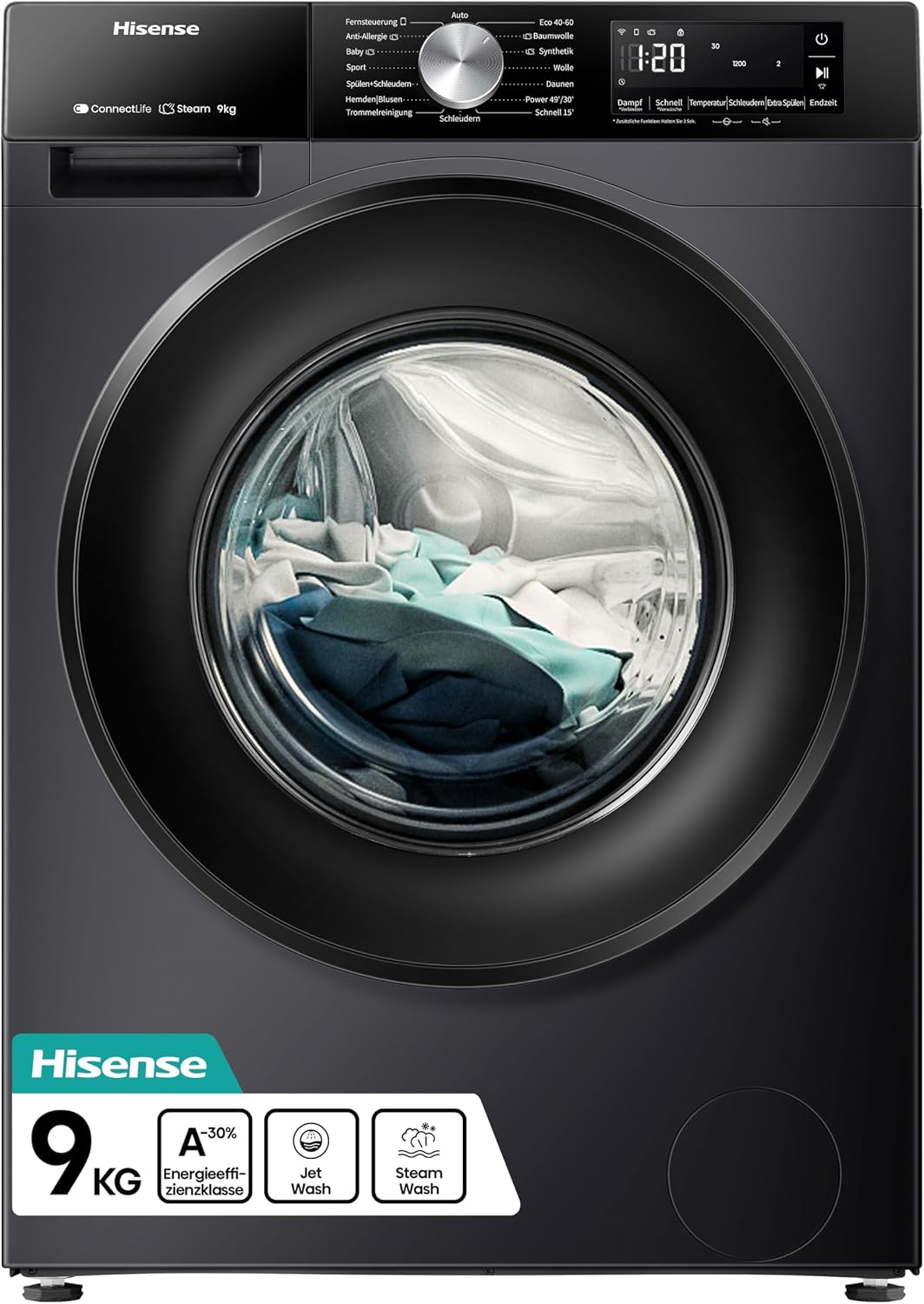 Hisense WF3S9043BB3 Waschmachine mit Dampffunkunktion, EEK A-30 Prozent, 9 kg, 1400 U, min, WiFi, ConnectLife, Power JetWash, Anti-Allergie Programm