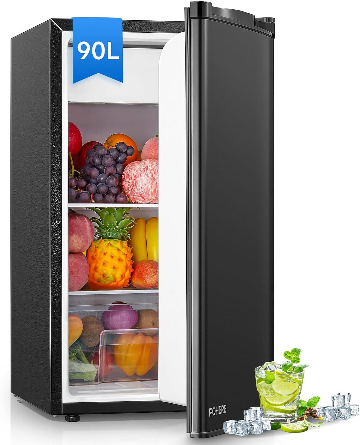 FOHERE 90L Kühlschrank mit Gefrierfach Klein & Gemüsefach, 7-Stufen Thermostat, Ultra-Leiser Mini Kühlschrank für Schlafzimmer/Büro, Energieeffizien