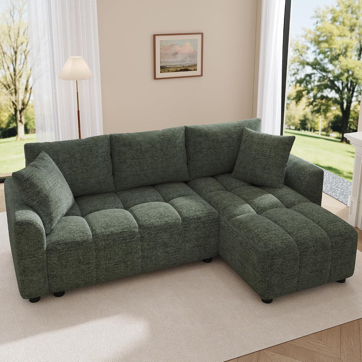 BTM 3 Sitzer Sofa Wandelbares L Form Ecksofa mit 2 Kissen Chenille Chaiselongue Couch für Wohnzimmer Dunkelgrün
