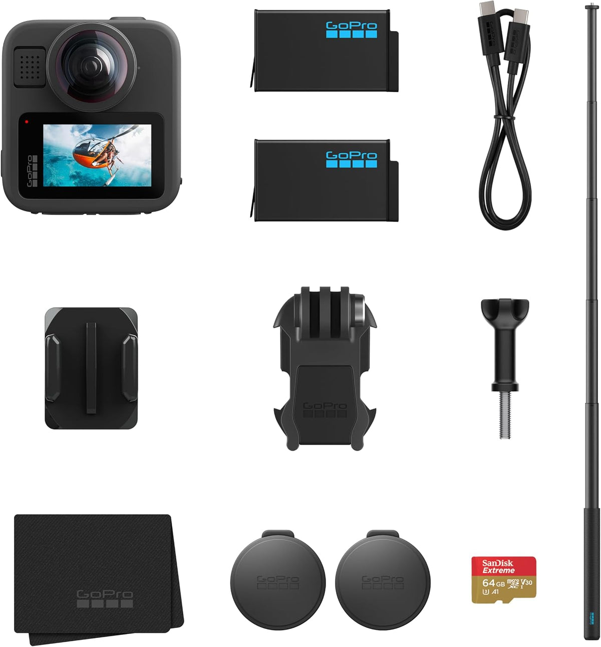 GoPro MAX2 + Zubehörpaket, 2 Enduro-Akkus mit 1960 mAh und eine 64 GB SanDisk microSD-Karte, Enthält eine 1,2 m Lange Verlängerungsstange