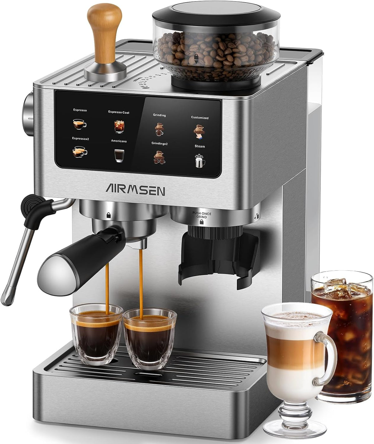AIRMSEN 20 Bar Siebträgermaschine mit Kegelmahlwerk & Milchschäumer, Edelstahl Espressomaschine Kaffeemaschine für Americano, 1.8L Wassertank