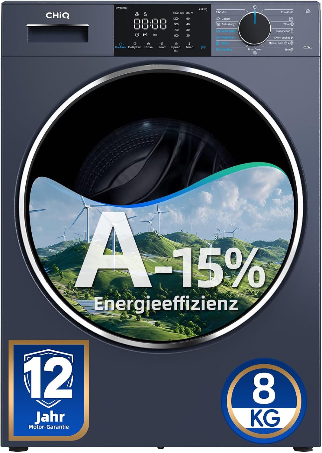 CHiQ Waschmaschine Slim Frontlader 8 kg, Klasse A-15%, grau