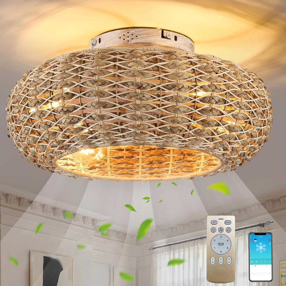 Deckenventilator Mit Beleuchtung Rattan E27 Lampe Mit Ventilator Mit Fernbedienung Und APP Leise 6 Wind Speeds Umkehrbaren Timer Deckenlampe