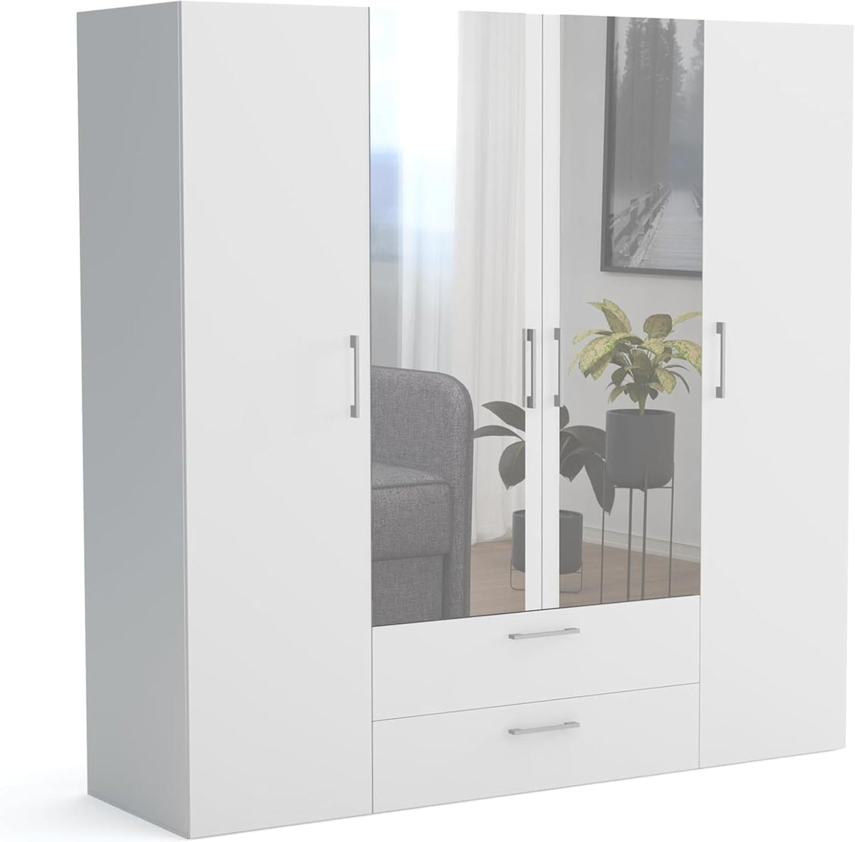 Brent, Kleiderschrank mit Spiegel, Schrank mit Türen, Garderobenschrank (BxHxT) 200x200x60 cm, Schlafzimmerschrank mit Regalen, Weiß