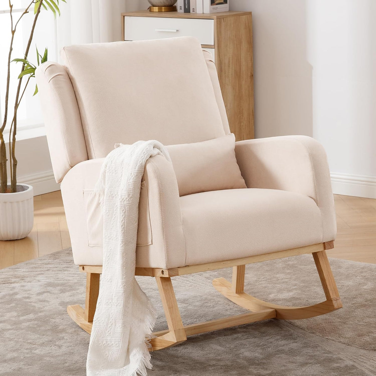 Schaukelsessel, Belastbar bis 136KG (BEIGE), Stillsessel Babyzimmer mit Armlehnen, Lesesessel Bequem für Kinderzimmer, Wohnzimmer, Schlafzimmer