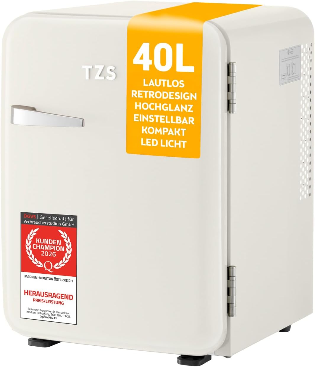 TZS First Austria, Retro Mini Kühlschrank 40L, Vintage Minibar für Schlafzimmer & Büro, Lautlos, cremefarben