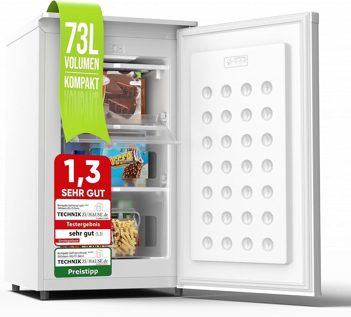 Stillstern Gefrierschrank Klein (73L) 4-Sterne-Gefrierfach -18°C ger. Energiever. Mini Freezer mit 3 Fächer, stufenlos reg. Temp., R600A