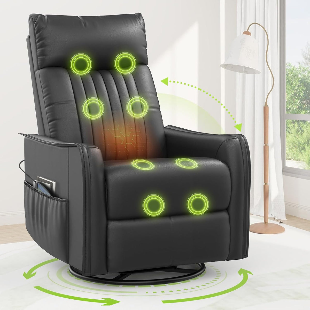 Fernsehsessel Massagesessel mit Liegefunktion, 360°Drehbarer TV Sessel Wohnzimmer, Relaxsessel mit Wärme und Massage, 2 Seitentaschen