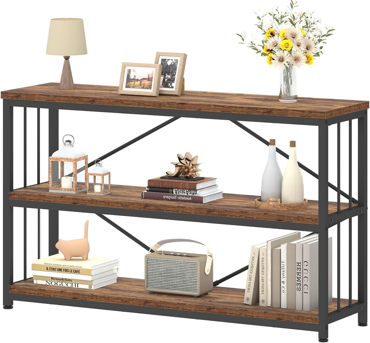 IBF Regal mit 3 Ebenen 120 cm Breit Bücherregal Holz und Metall Vintagebraun Offenes Standregal Industrielles Würfelregal Bücherschrank für Wohnzimmer