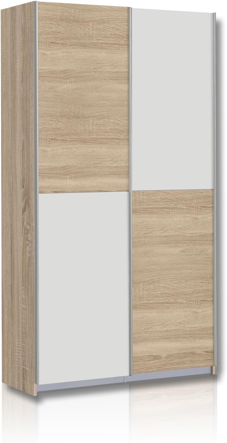 FORTE Ohio 40 Mehrzweckschrank modern, 2-türig mit Einlegeböden, 120 cm breit x 42 cm tief x 190,5 cm hoch, Weiß mit Holz Dekor Sonoma Eiche