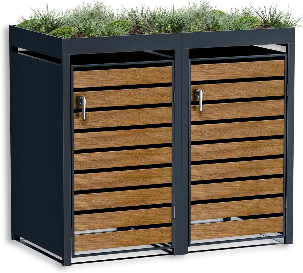 Metzler Mülltonnenbox 2er 240L in Anthrazit & Holzoptik mit Pflanzdach & Sichtstreifen, Mülltonnenverkleidung 2 Tonnen mit Automatikdeckel