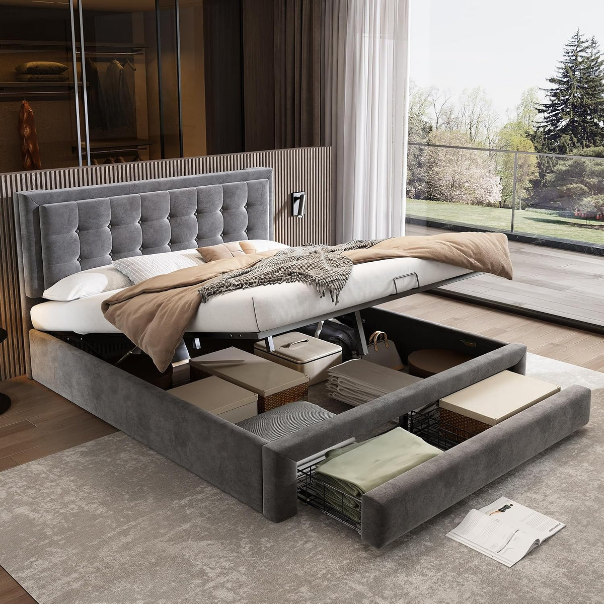 Rtopsu Polsterbett Doppelbett 140x200 cm, Ohne Matratze, Bett mit Stauraum Kasten und Schubladen, Samt, Grau