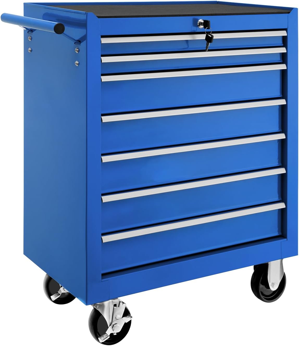 tectake Werkzeugwagen, 69 x 33 x 79 cm, Rollen mit Bremsen, Werkstattwagen, rollende Werkstatt, Werkzeugwagen leer, Werkzeugbox, 7 Schubfächer, blau