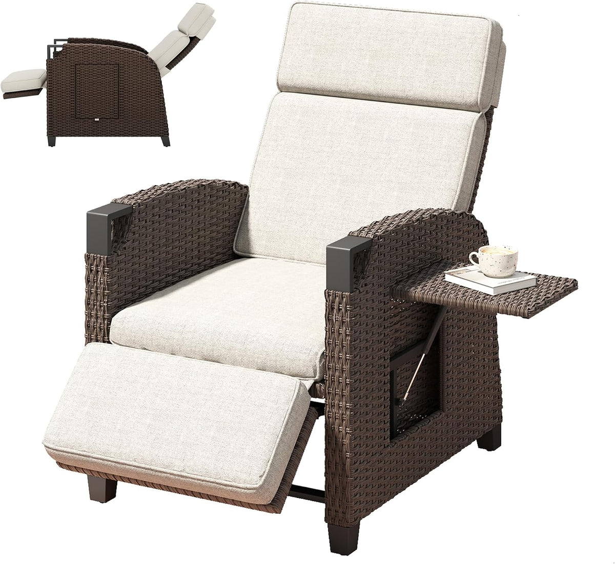 Amopatio Relaxliege Liegesessel, Rattan Sonnenliege mit Verstellbar Rückenlehne und Klapptisch, für Terrasse, Outdoor Gartensessel wetterfestes