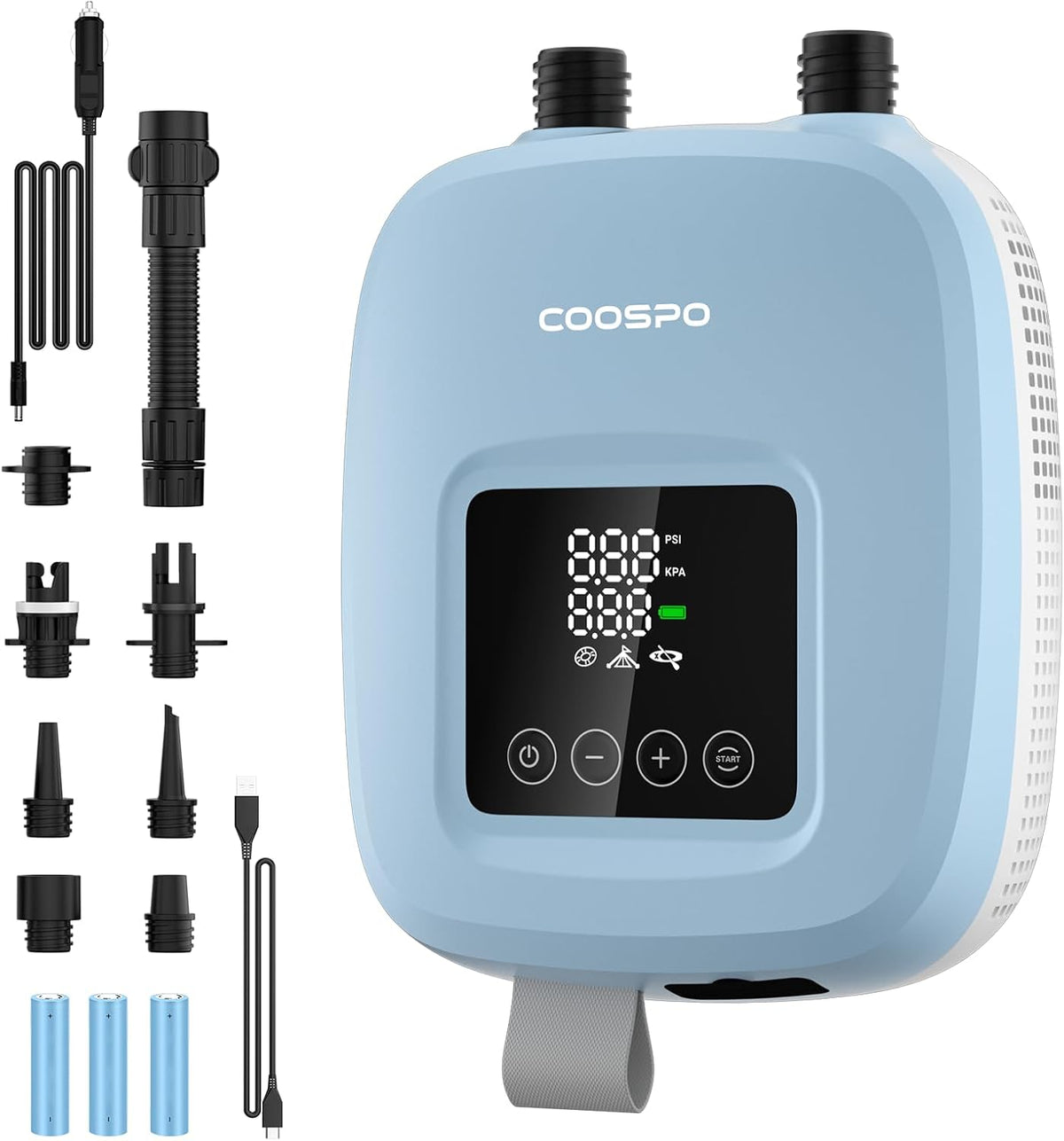 CooSpo Elektrische SUP-Luftpumpe, mit wiederaufladbarem Akku (59,2/44.4 Wh), Zwei Aufpumpmodi für Kajaks und Paddleboards, geräuscharm