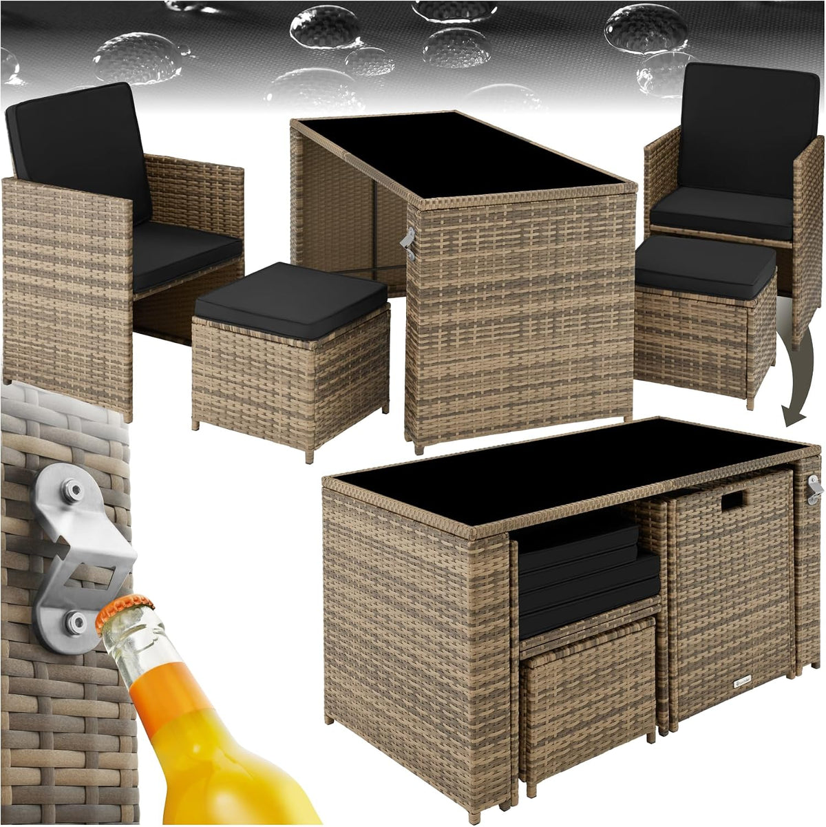 tectake Poly Rattan Sitzgruppe, 5- teiliges Lounge Gartenmöbel Set mit Tisch, Sessel & Hocker, Essgruppe für bis zu 4 Personen, Natur