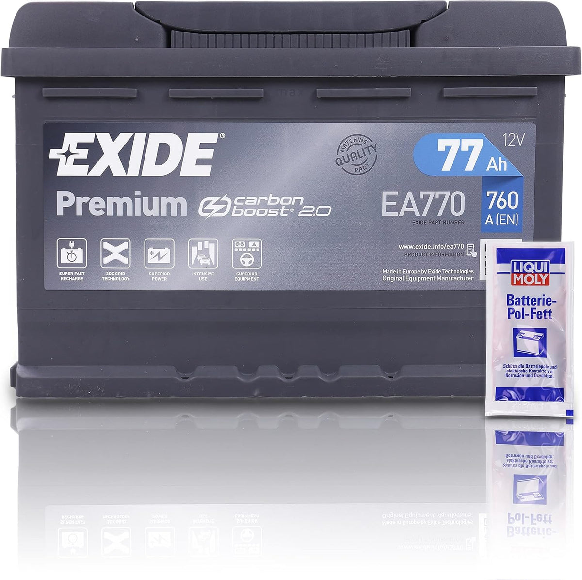 EXIDE EA770 Premium Carbon Boost Autobatterie 12V 77Ah 760A Starterbatterie PKW KFZ Batterie, Ersetzt 70Ah 71Ah 72Ah 74Ah 75Ah + 1x Batteriepolfett