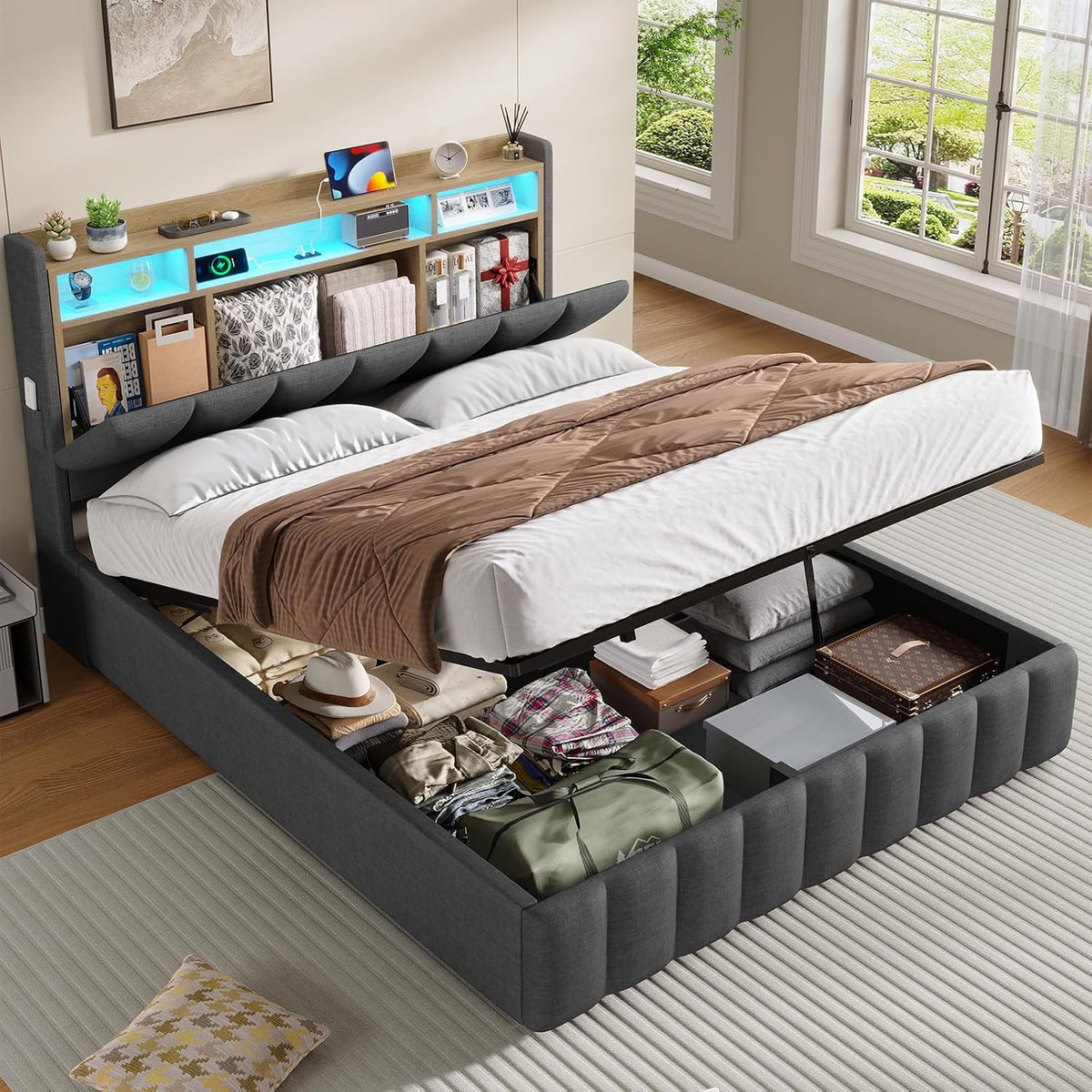 KIMENICH Bett mit LED Beleuchtung, Hydraulisches Bett 140 x 200 cm, Regalkopfteil mit Stauraum, Bettgestell mit Lattenrost, für Schlafzimmer, bequem